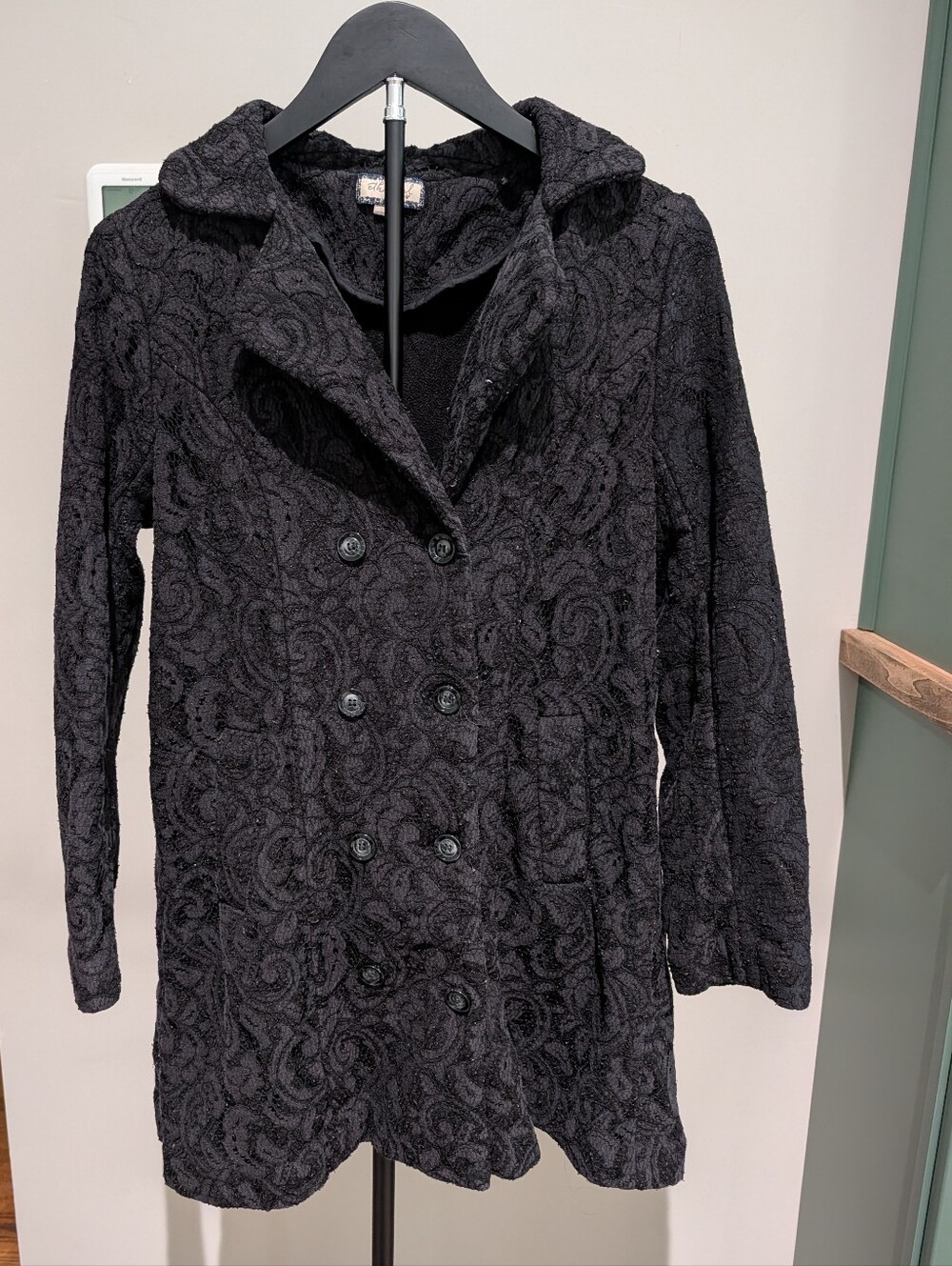 Ethereal Black Textured Double-Breasted Women's Coat